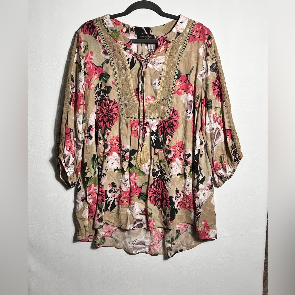 Suzanne Betro Floral Blouse - Pink and Tan 1X